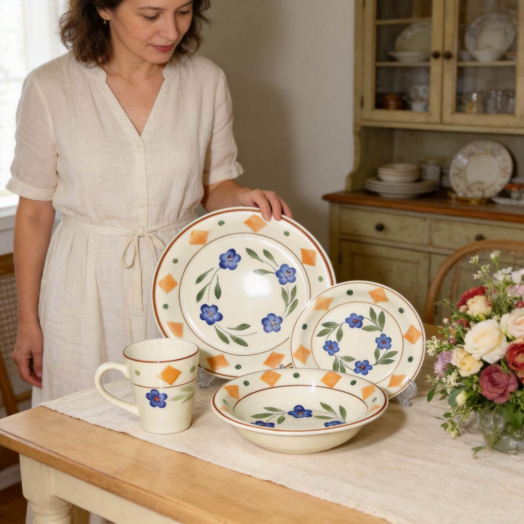 16-Piece Stoneware Dinnerware Set with Hand-painted Design HARVIT Brand Country Style Party Use