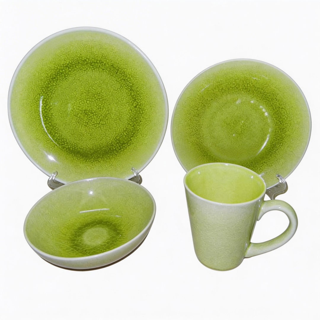 Green Roscher Blue Crackle Japanese Design Stoneware Dinnerware Set 16pc Party Dining Plates Sample Free