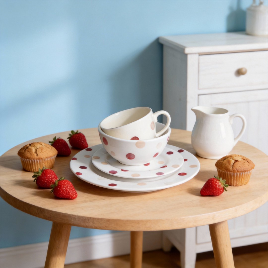 16Pcs HARVIT Cute Shanghai Dinnerware Sets with Red Polka Dot Ceramic Tableware for Party Use