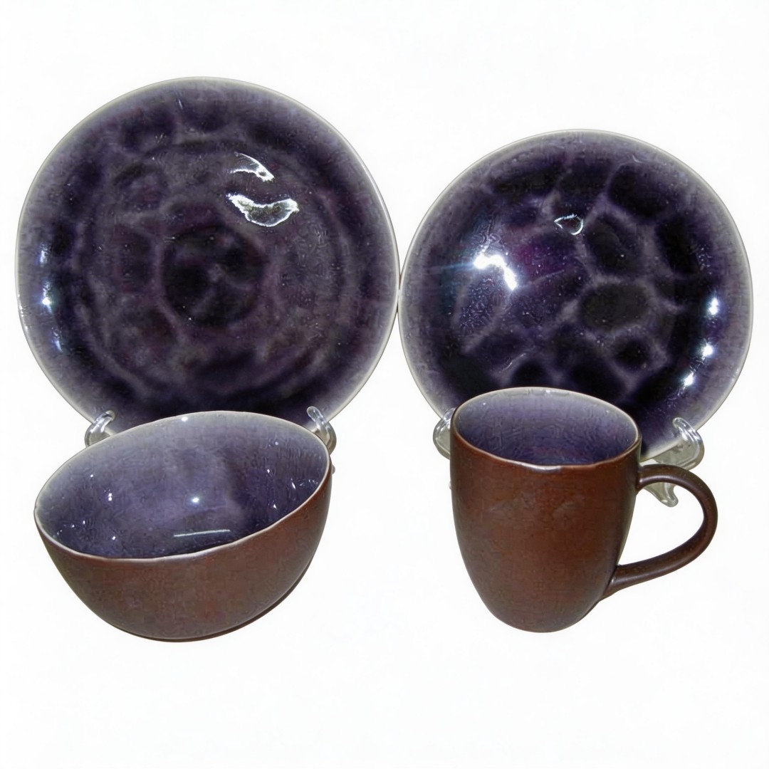 Green Roscher Blue Crackle Japanese Design Stoneware Dinnerware Set 16pc Party Dining Plates Sample Free
