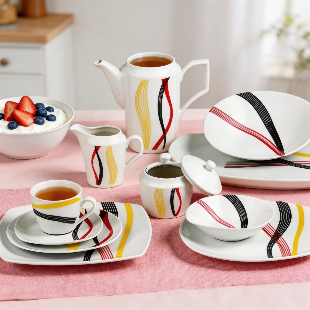 HARVIT 50PCS Various Size & Shape Decal Dish/Dessert/Soup Plate/Tea Pot/Cup&Saucer Porcelain Dinnerware Sets Contemporary Design