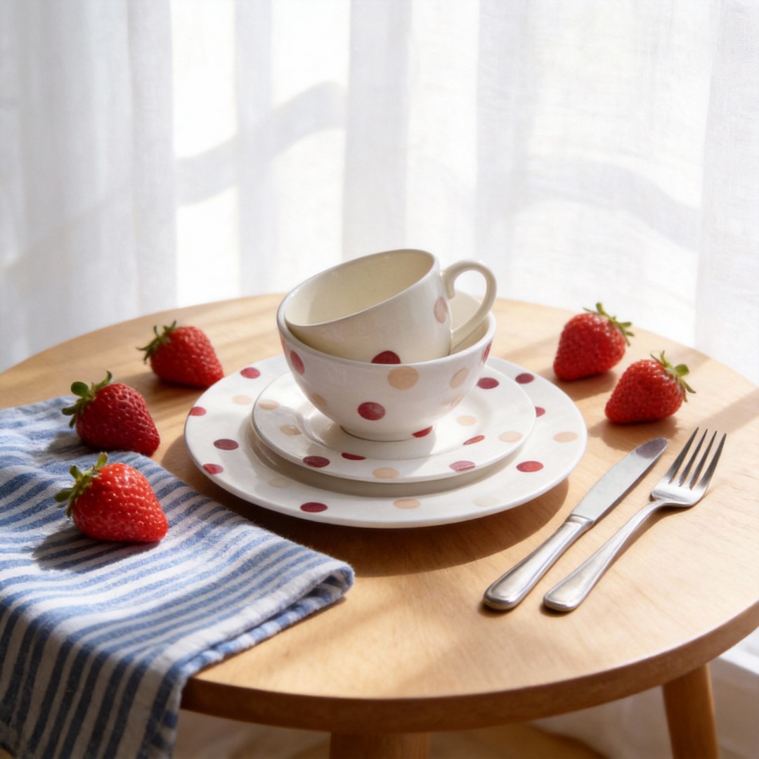 16Pcs HARVIT Cute Shanghai Dinnerware Sets with Red Polka Dot Ceramic Tableware for Party Use