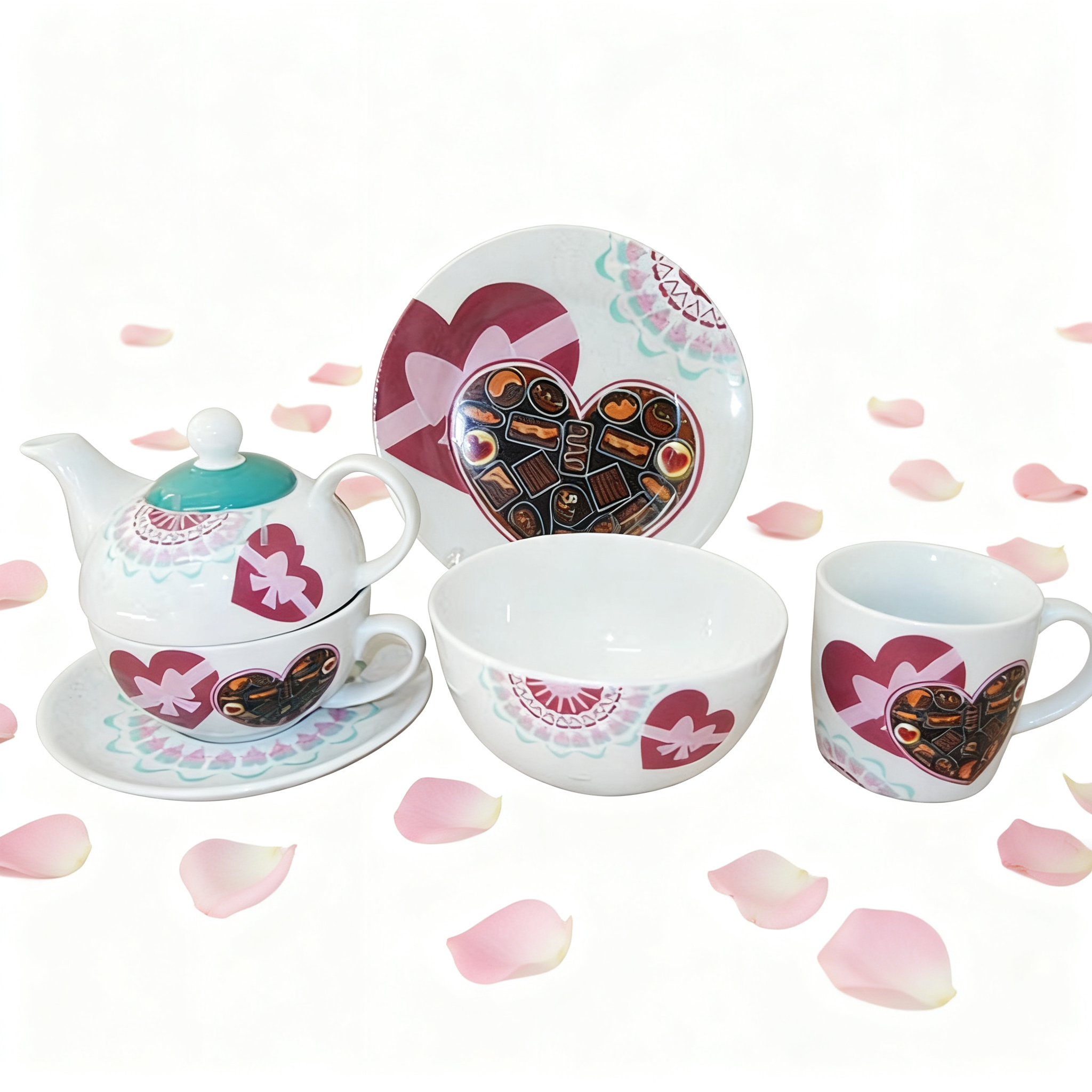 Valentine Heart Design Cute Ceramic Porcelain Breakfast Set/Kitchen Dinnerware Set by HARVIT with Kettle Coffee Mug Cup Saucer