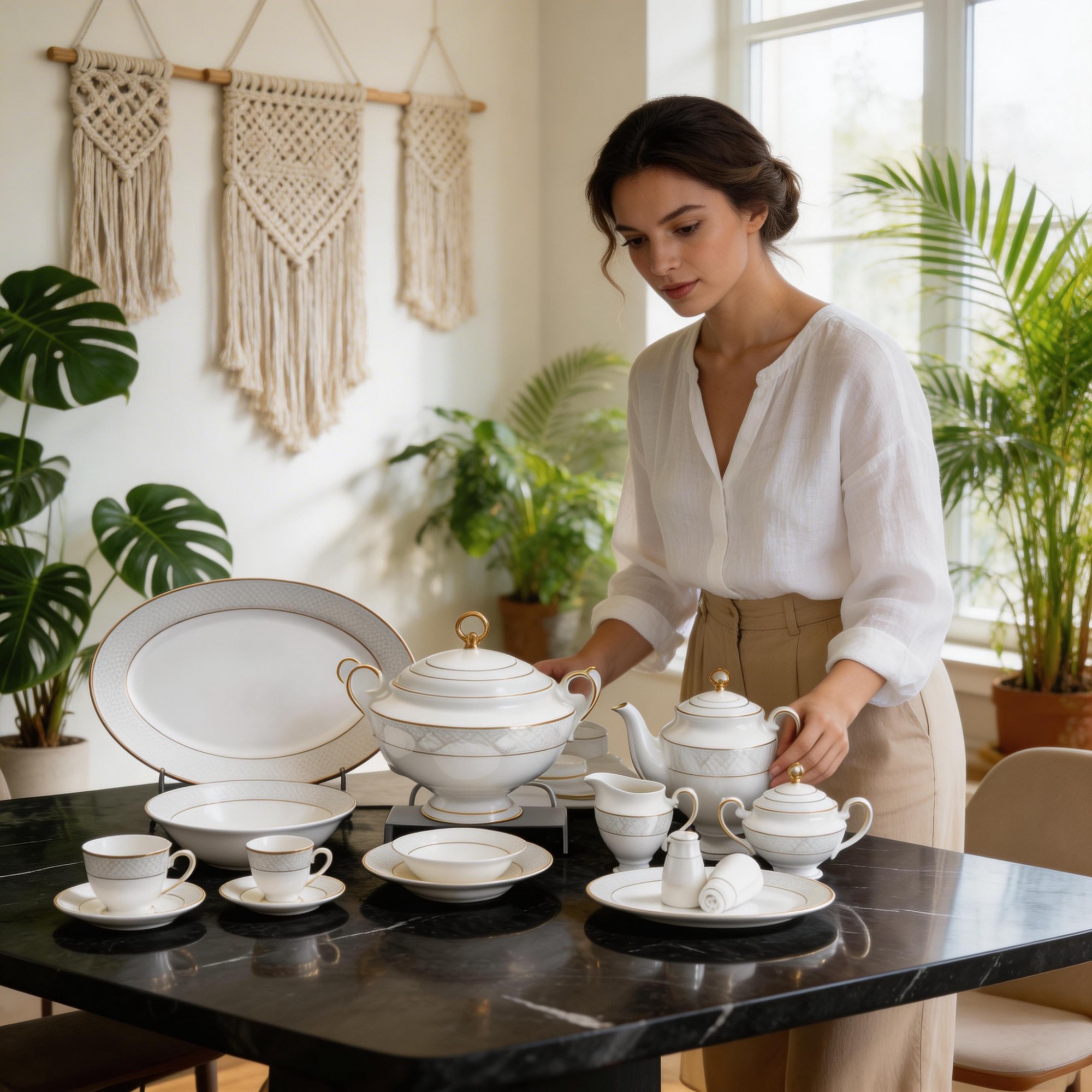 60-Piece European Classic Gold Rim Ceramic Dinnerware Plate Set White Porcelain for Home Hotel Banquet Dishwasher Microwave Safe