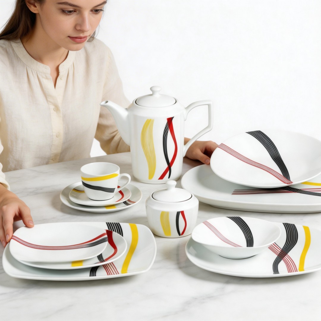 HARVIT 50PCS Various Size & Shape Decal Dish/Dessert/Soup Plate/Tea Pot/Cup&Saucer Porcelain Dinnerware Sets Contemporary Design