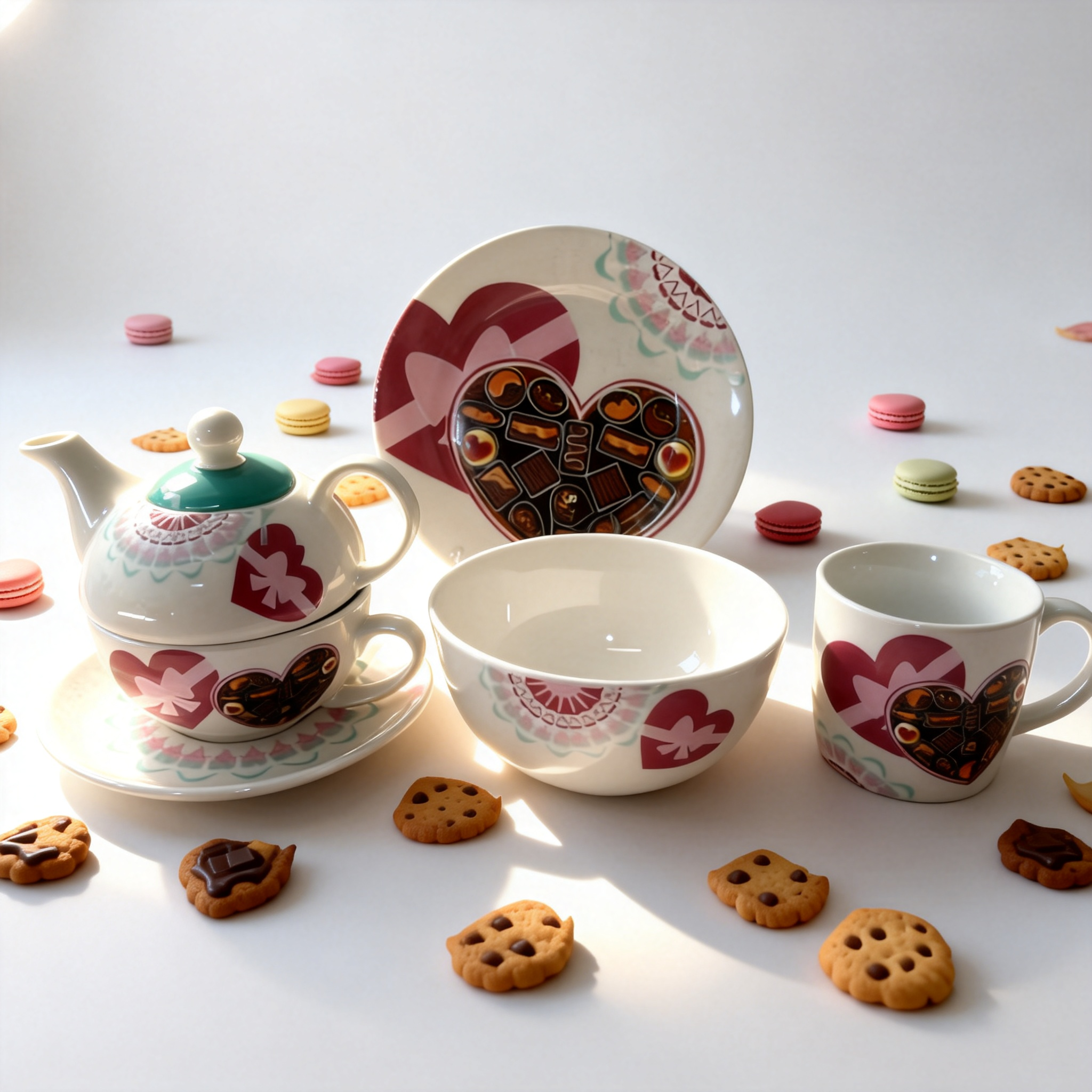 Valentine Heart Design Cute Ceramic Porcelain Breakfast Set/Kitchen Dinnerware Set by HARVIT with Kettle Coffee Mug Cup Saucer