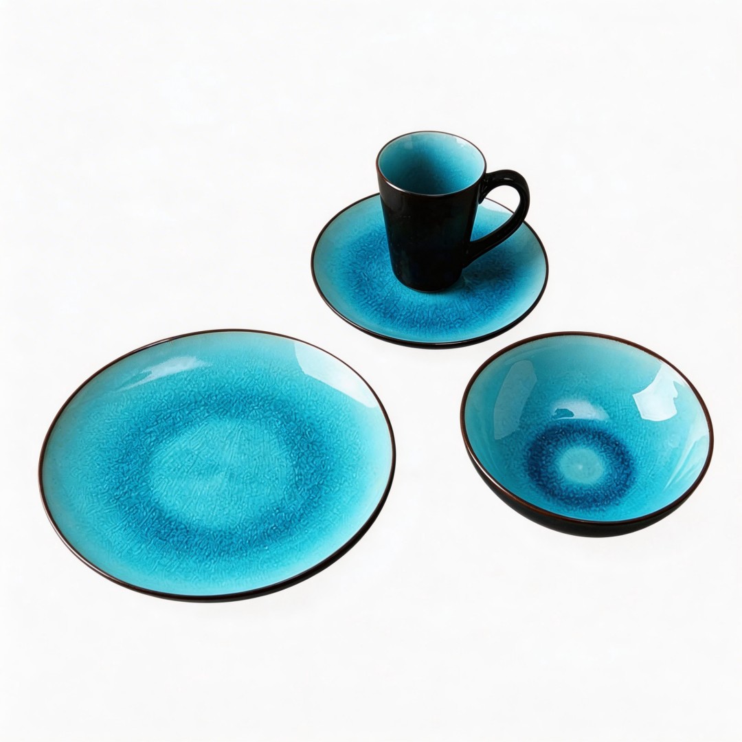 Green Roscher Blue Crackle Japanese Design Stoneware Dinnerware Set 16pc Party Dining Plates Sample Free