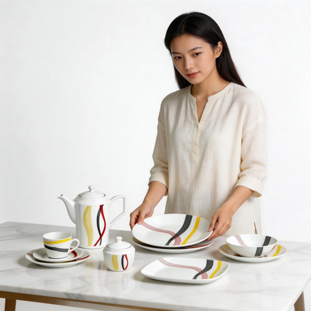 HARVIT 50PCS Various Size & Shape Decal Dish/Dessert/Soup Plate/Tea Pot/Cup&Saucer Porcelain Dinnerware Sets Contemporary Design