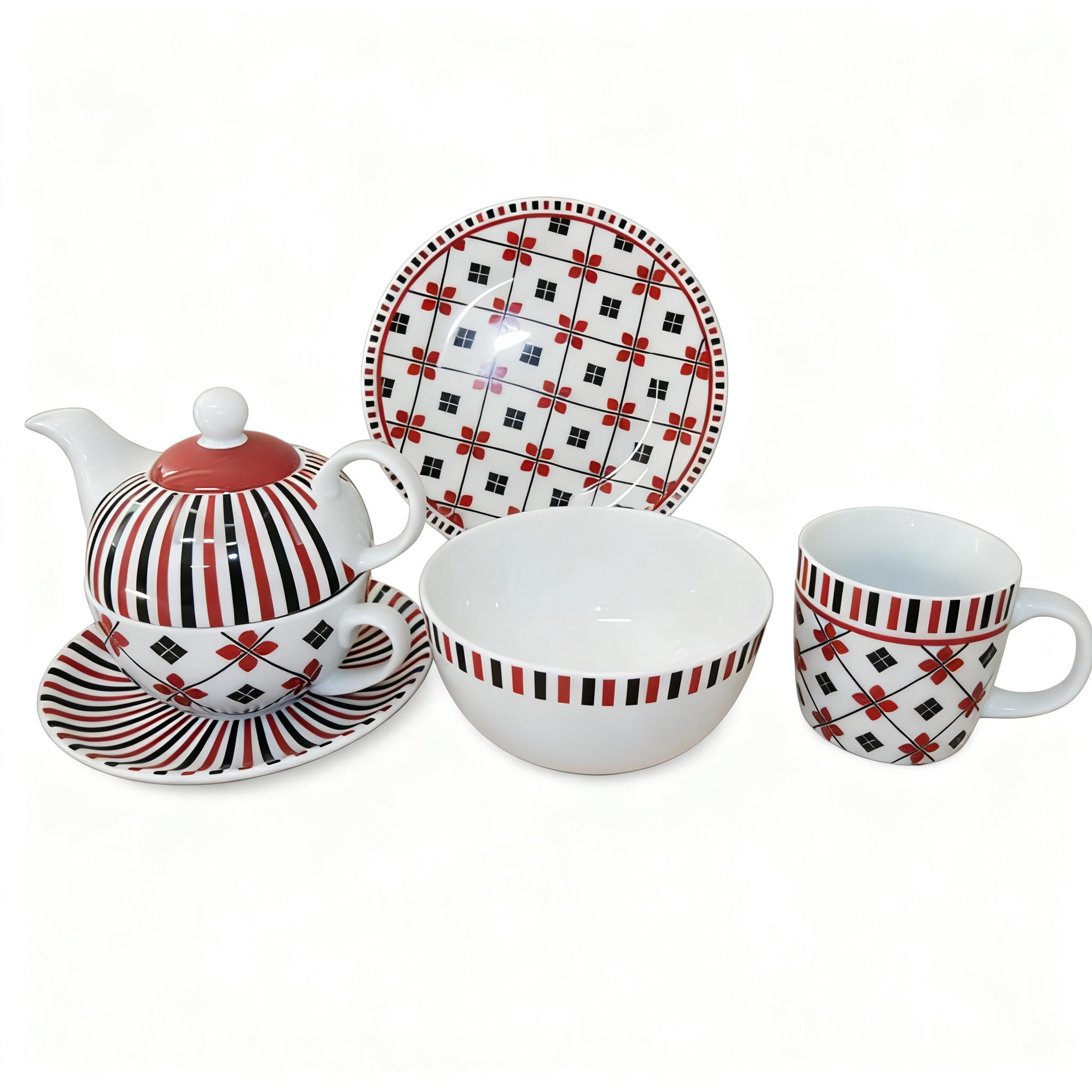 Valentine Heart Design Cute Ceramic Porcelain Breakfast Set/Kitchen Dinnerware Set by HARVIT with Kettle Coffee Mug Cup Saucer