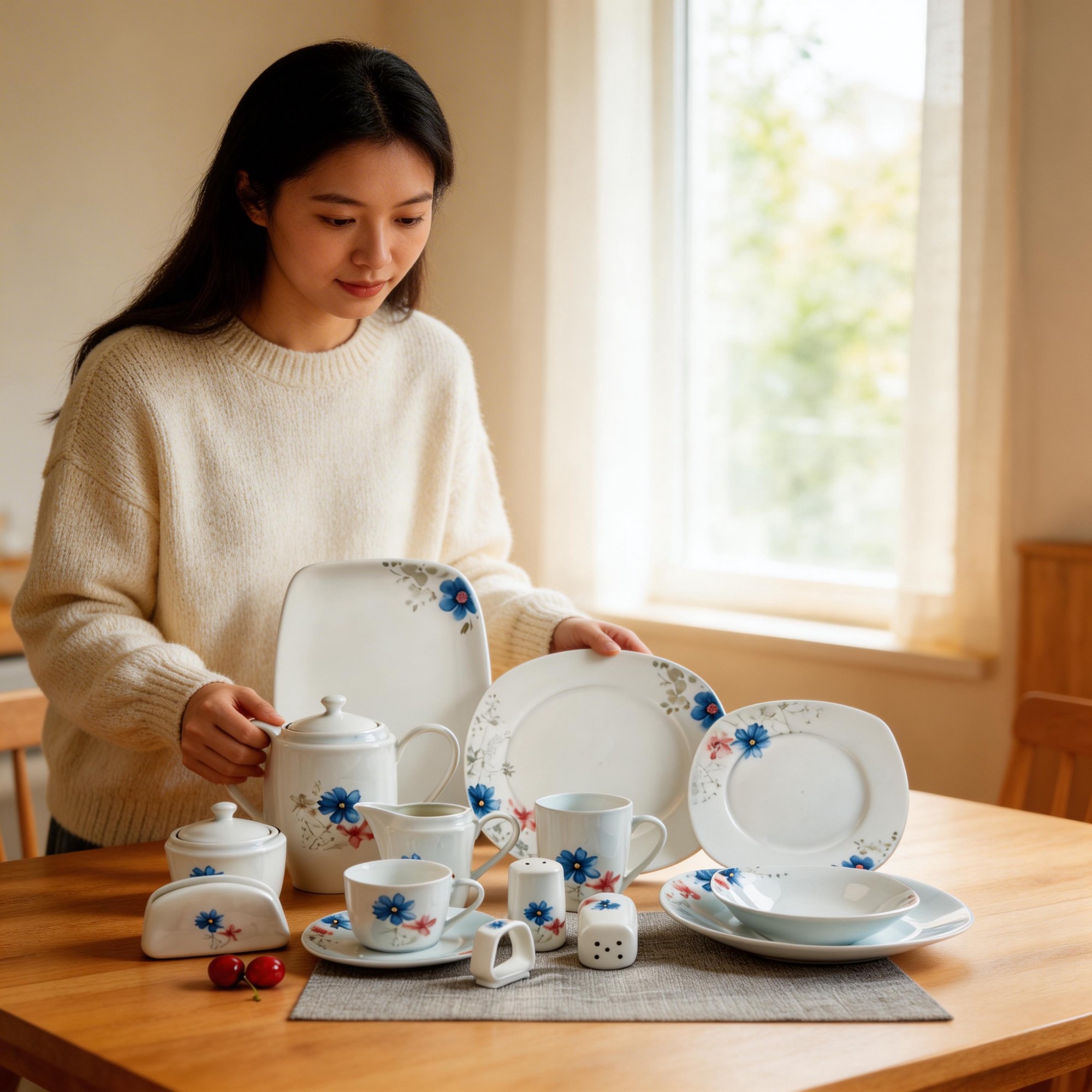 60-Piece Reusable Sustainable Floral Ceramic Dinnerware Set White Porcelain for Home Restaurant Wedding Wholesale