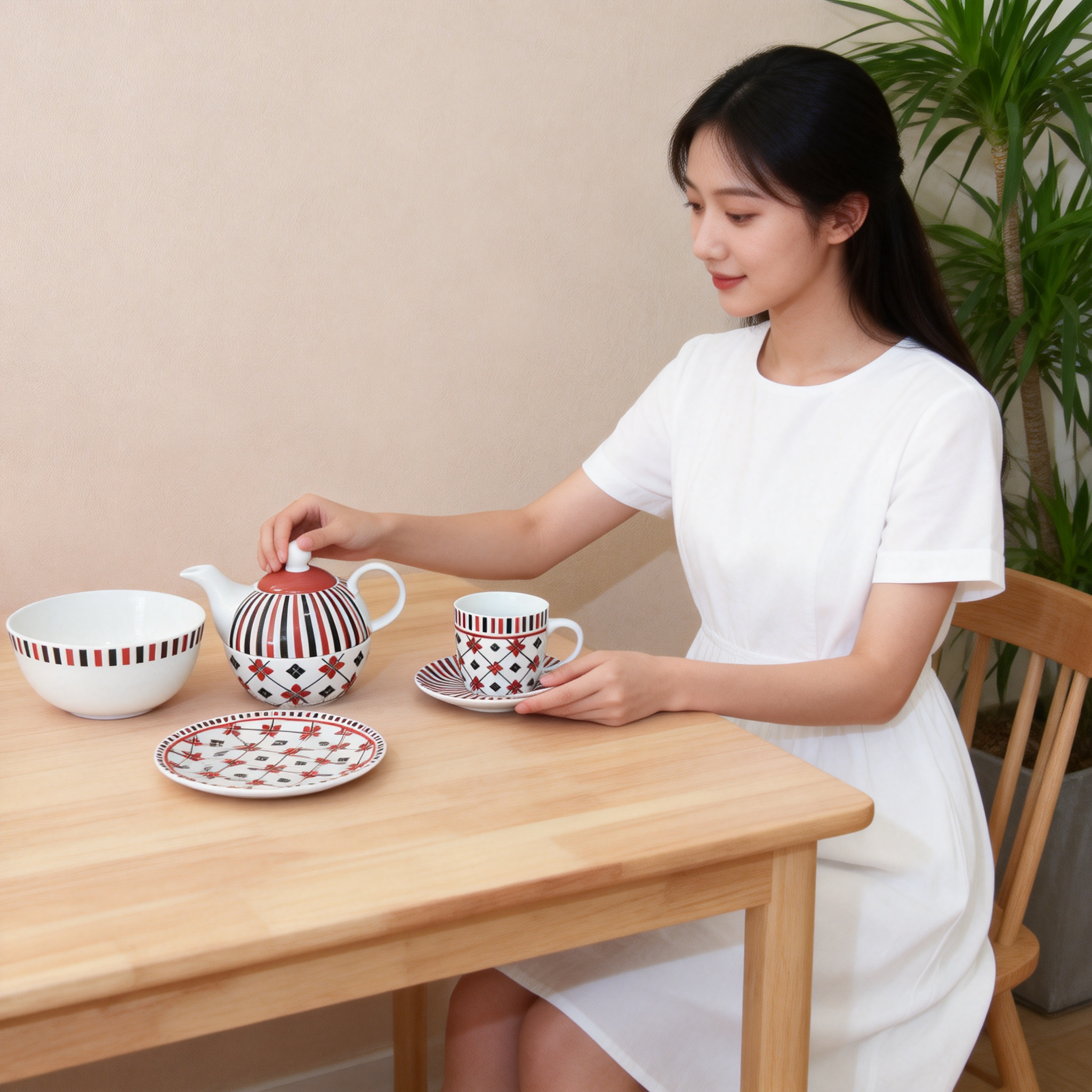Valentine Heart Design Cute Ceramic Porcelain Breakfast Set/Kitchen Dinnerware Set by HARVIT with Kettle Coffee Mug Cup Saucer