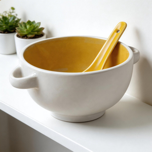 HARVIT 450ml Eco-Friendly Color Glazed Ceramic Contemporary Soup Bowls with Spoon for Business Gifts
