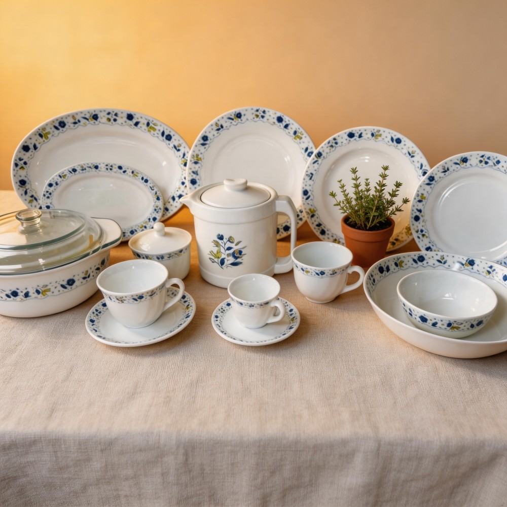 HARVIT Modern Opalware Glass Flower Design 4-Piece Party Dinnerware Set