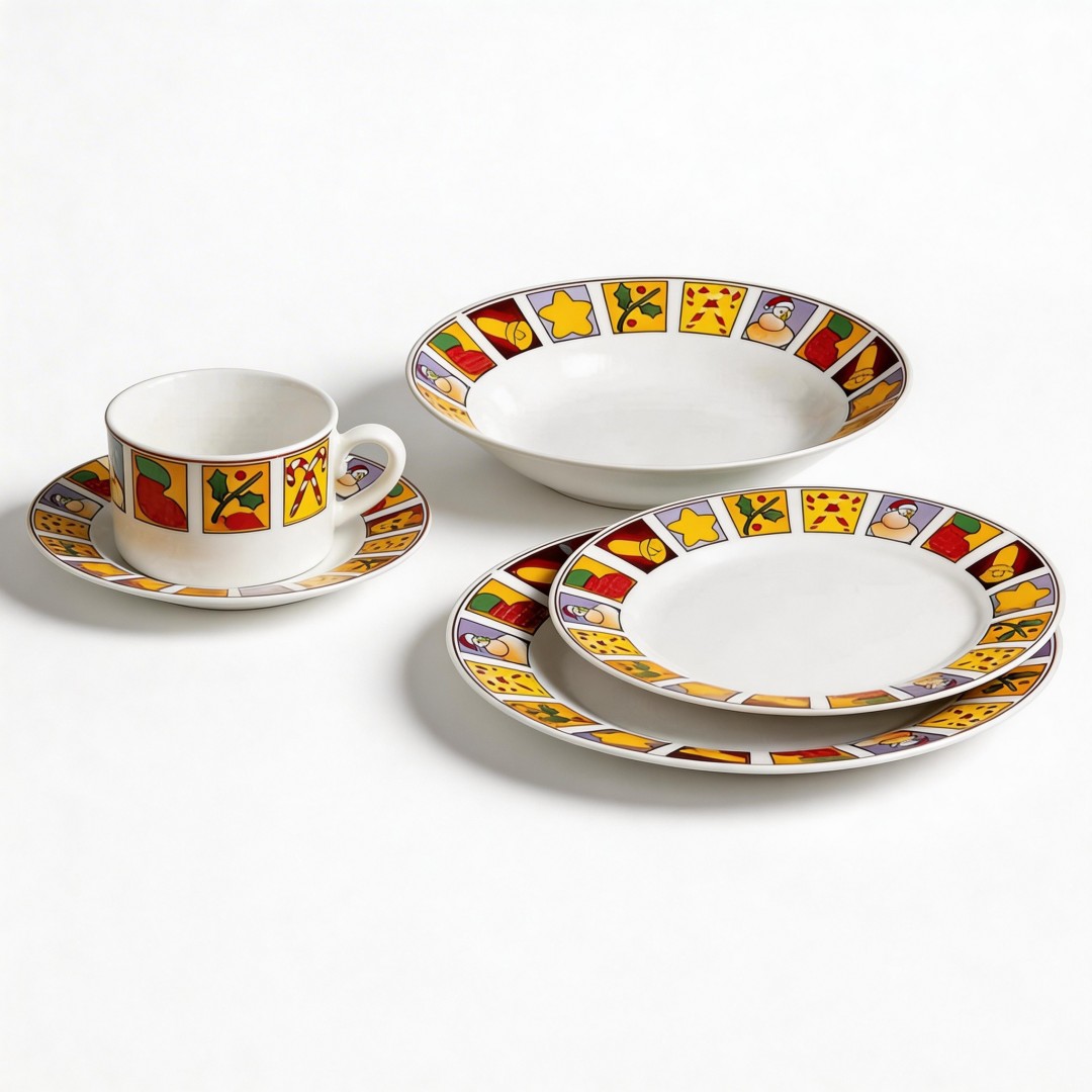 30PCS Christmas Hot Selling White Cartoon Design Party Use HARVIT Brand Various Rim Decal Dish/Soup/Dessert Plates+Cup Sets
