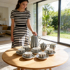 15PC Black & White Stripe High Quality Ceramic Tea Set by HARVIT Eco-Friendly Contemporary Design