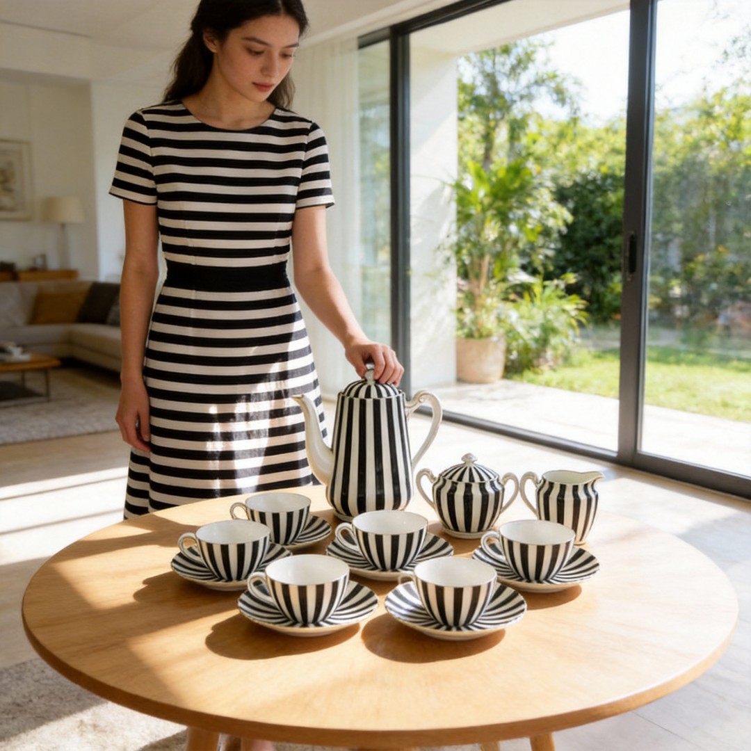 15PC Black & White Stripe High Quality Ceramic Tea Set by HARVIT Eco-Friendly Contemporary Design
