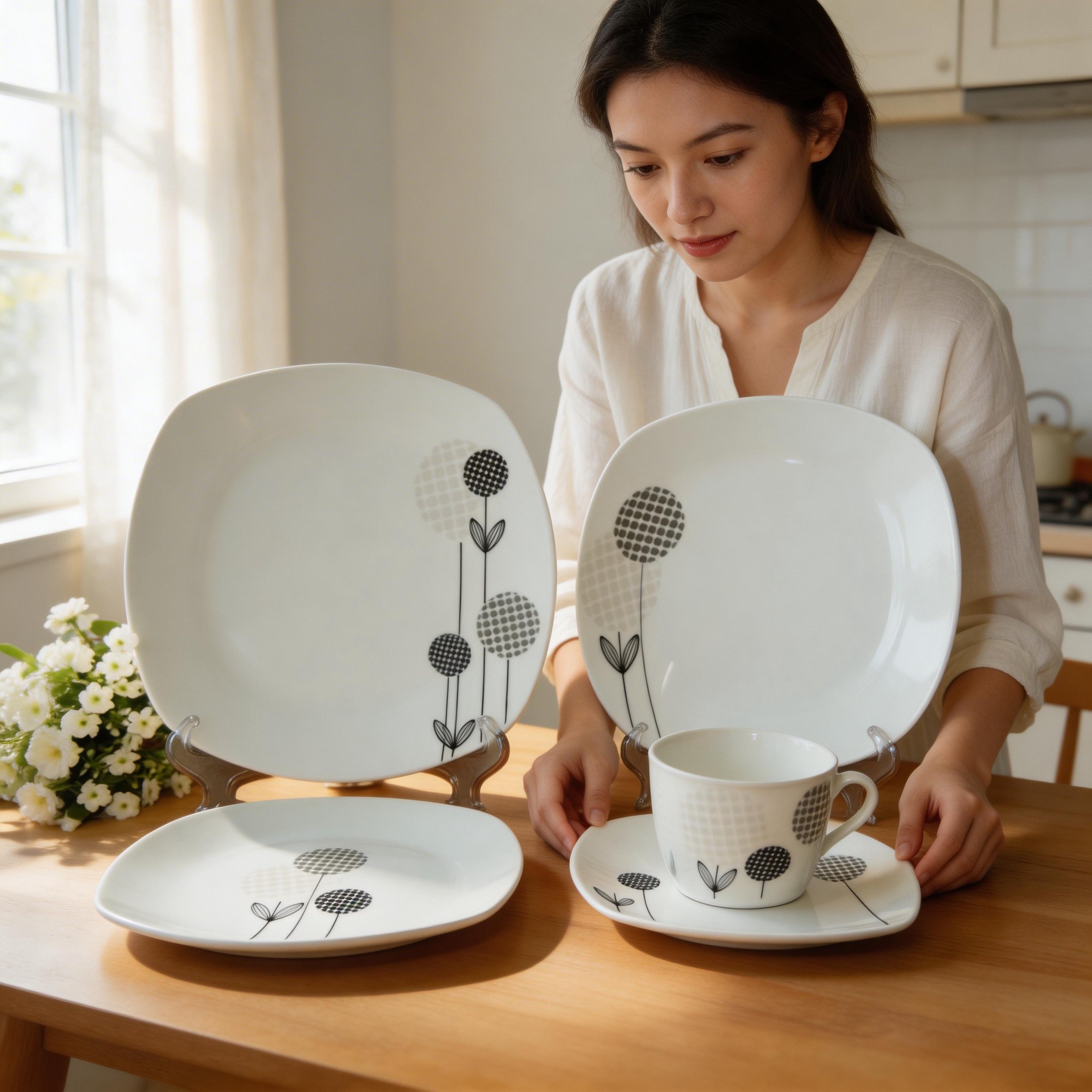 30pcs Brazilian Porcelain Dinner Set with Black Cycle HARVIT Brand Contemporary Design Dishwasher/Microwave/Oven Safe