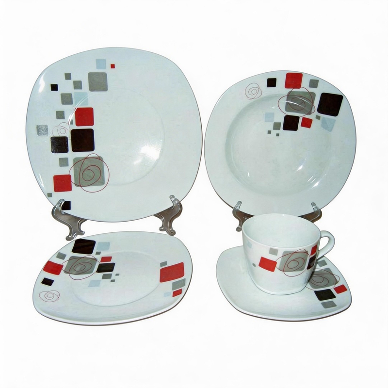 Square Shape Porcelain Dinnerware Set 20-Piece Wholesale Ceramic Dinnerware White Personalized Decals Harvit Contemporary Design