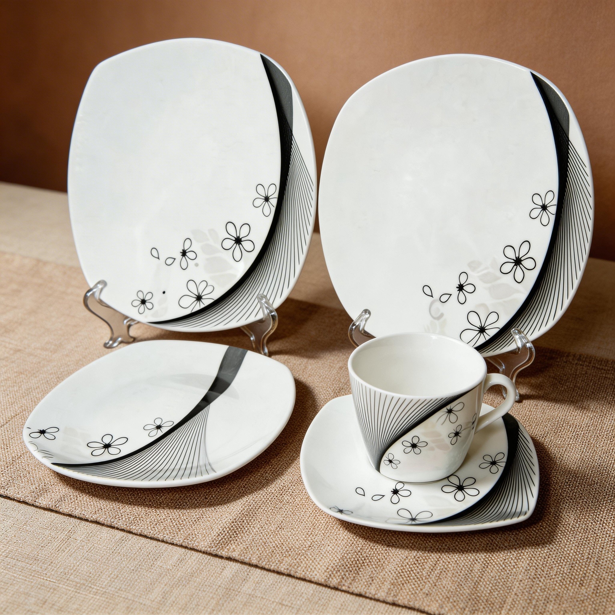 30pcs Brazilian Porcelain Dinner Set with Black Cycle HARVIT Brand Contemporary Design Dishwasher/Microwave/Oven Safe