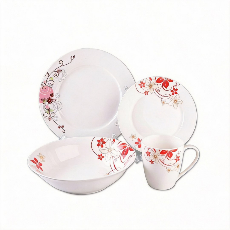 Harvit Ceramic Disposable On-glazed Customized 16-Piece Porcelain Dinnerware Set with Cup Kit and Ceramic Decals