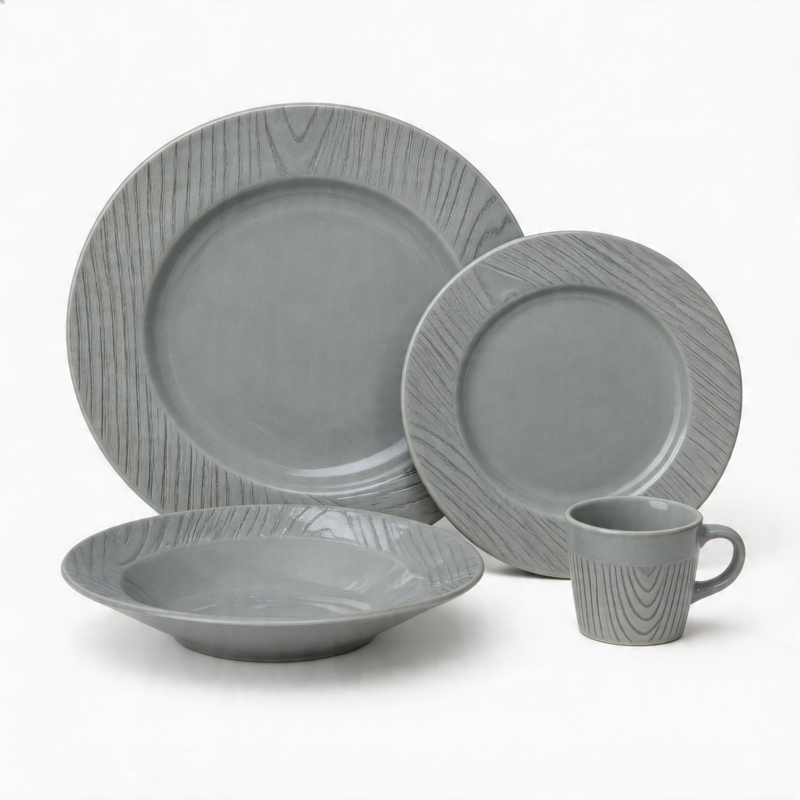 HARVIT Classic Wood Grain Ceramic Dinnerware Set / 16-Piece Grey Stoneware Party Dinner Set / White Embossed Dinnerware