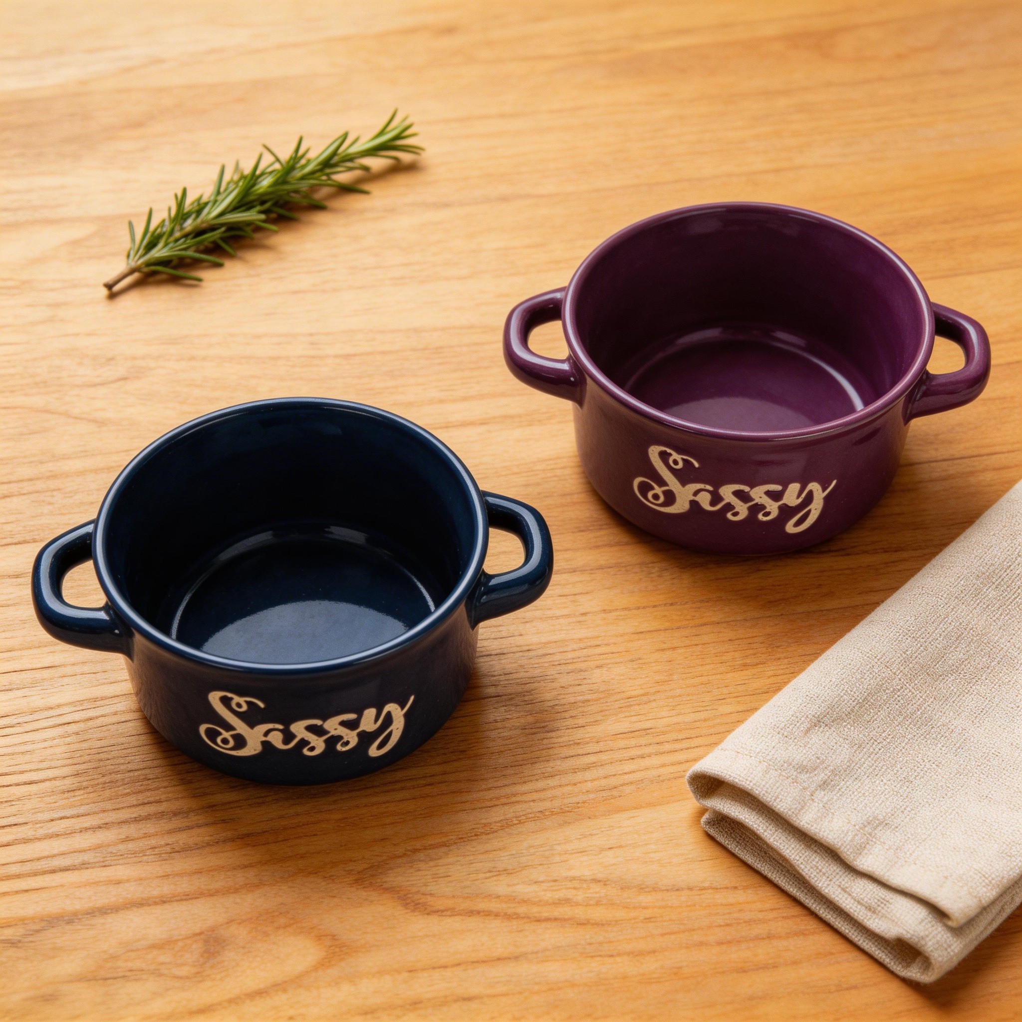 5'' Color Glazed Stoneware Bowl with Double Handle and Screen Printing Eco-Friendly Microwave Safe