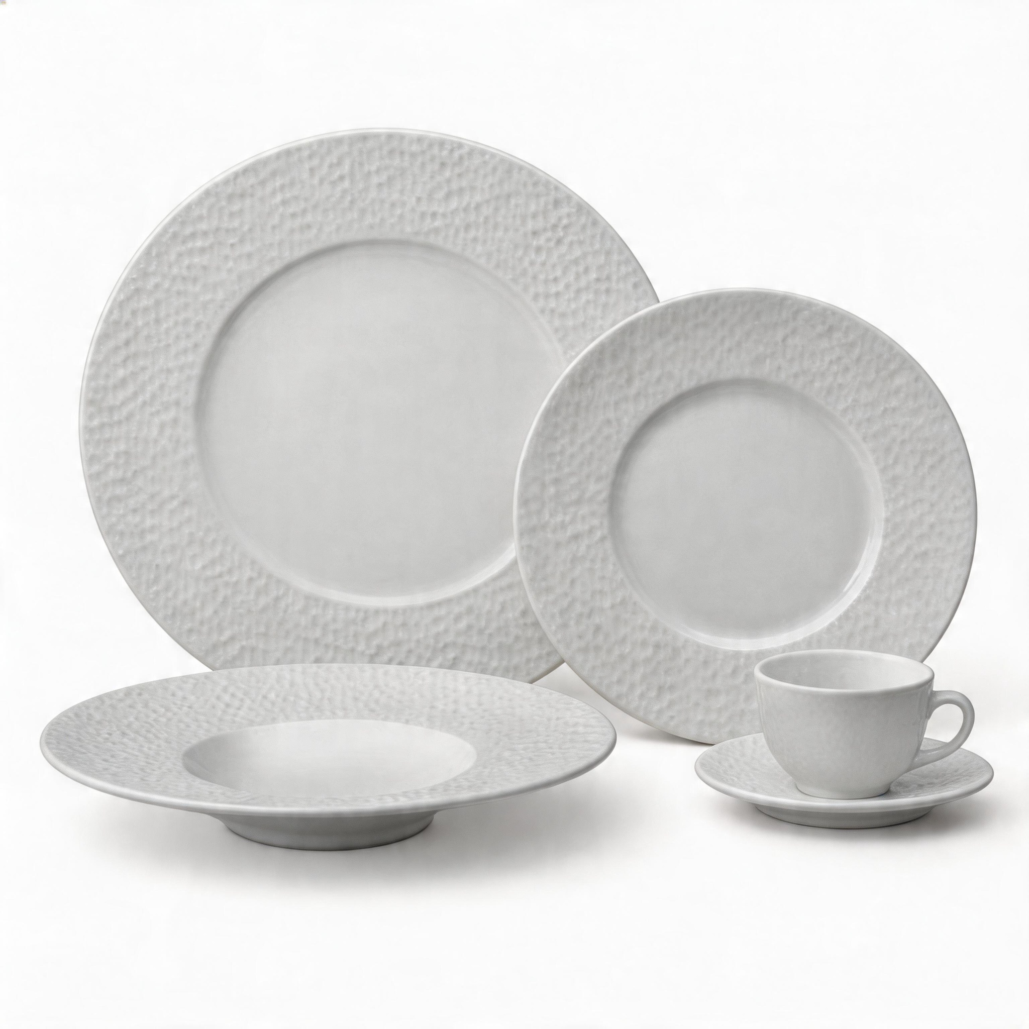 HARVIT Classic Wood Grain Ceramic Dinnerware Set / 16-Piece Grey Stoneware Party Dinner Set / White Embossed Dinnerware