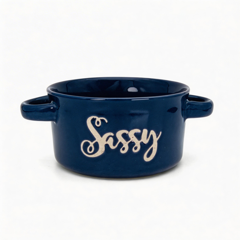 5'' Color Glazed Stoneware Bowl with Double Handle and Screen Printing Eco-Friendly Microwave Safe