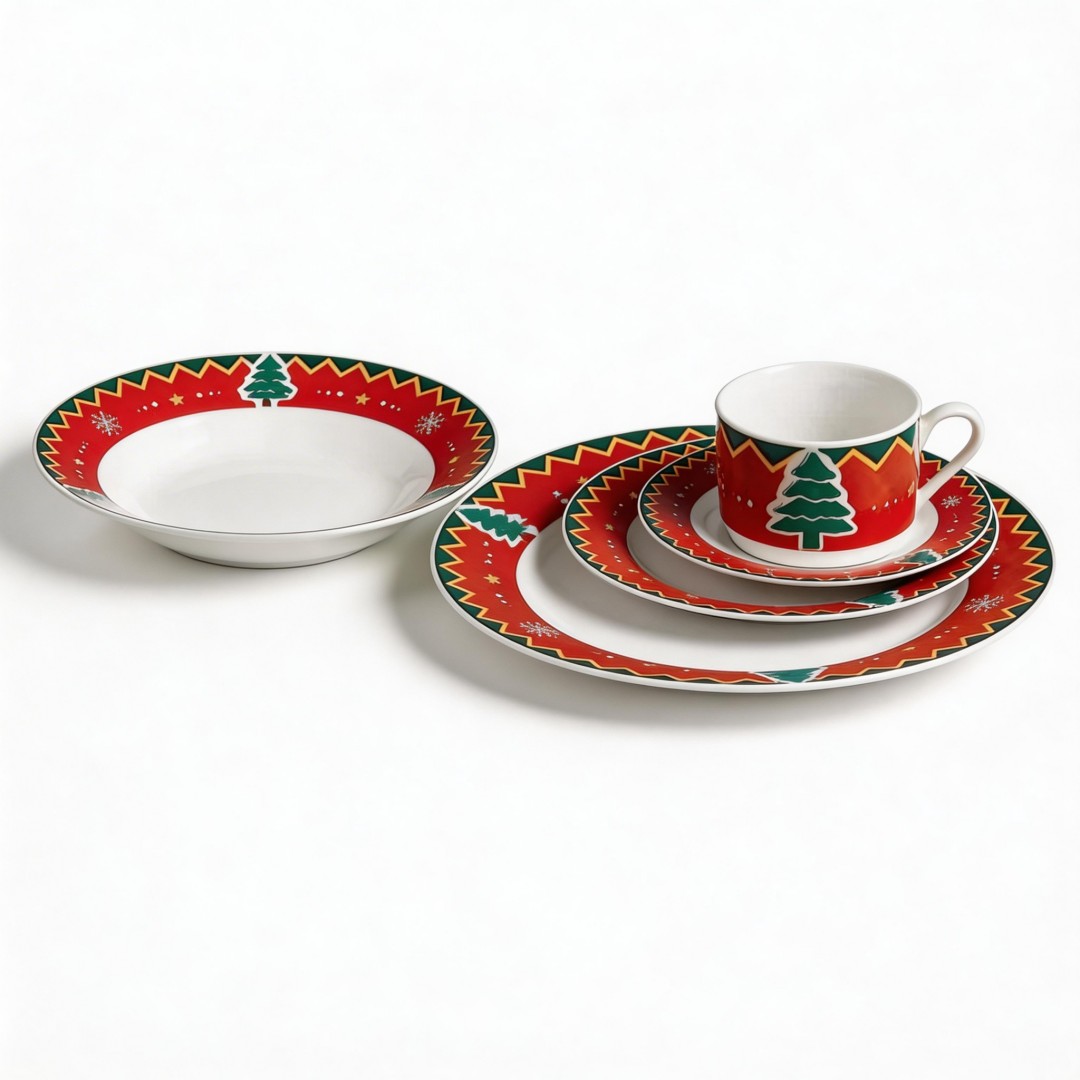30PCS Christmas Hot Selling White Cartoon Design Party Use HARVIT Brand Various Rim Decal Dish/Soup/Dessert Plates+Cup Sets