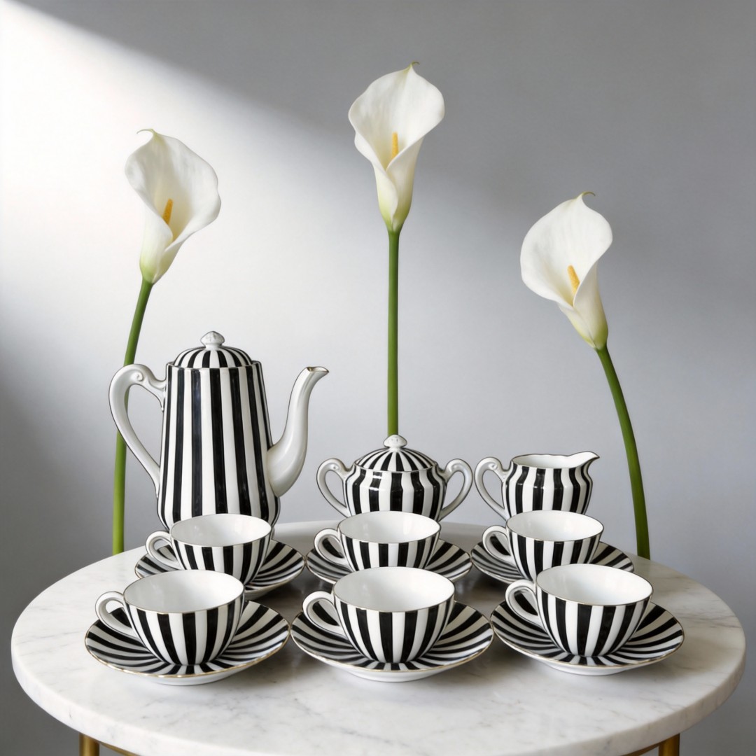 15PC Black & White Stripe High Quality Ceramic Tea Set by HARVIT Eco-Friendly Contemporary Design