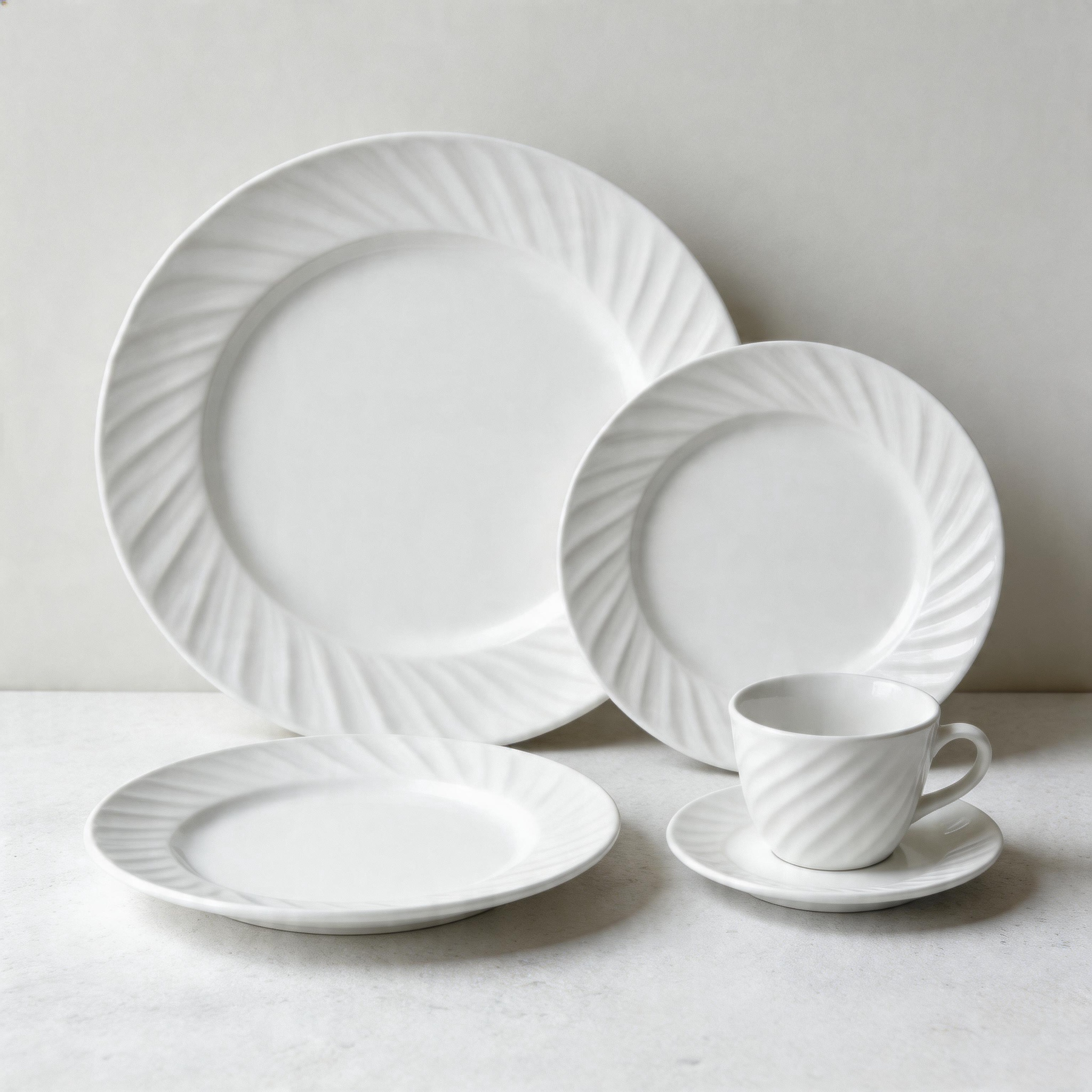 HARVIT Classic Wood Grain Ceramic Dinnerware Set / 16-Piece Grey Stoneware Party Dinner Set / White Embossed Dinnerware