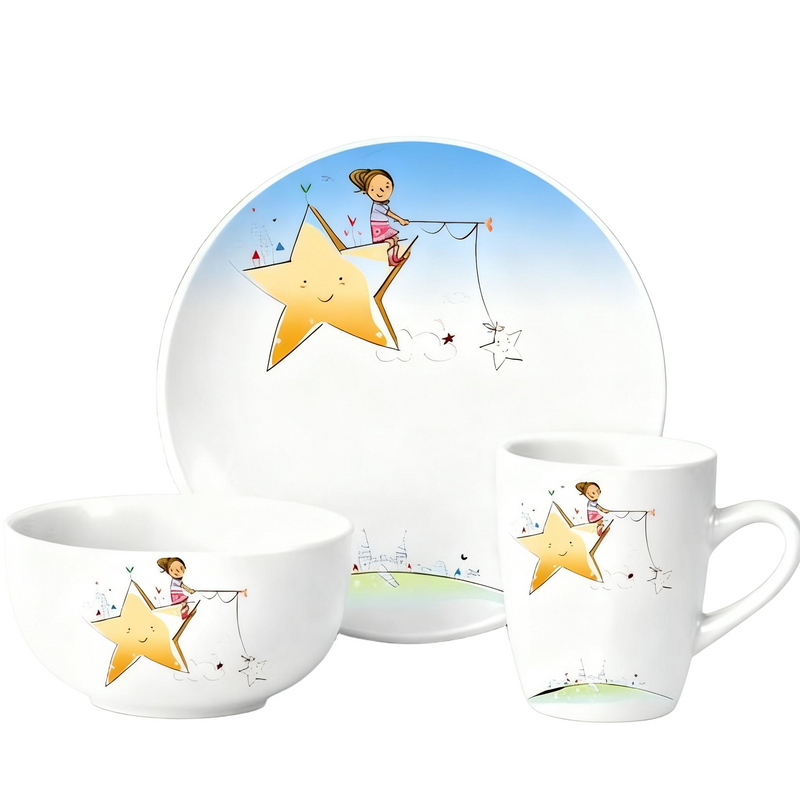 Harvit Ceramic Children's Dinner Set Porcelain Cup Bowl Plate Exclusive Dinnerware Cartoon Design Dishwasher Microwave Oven Safe