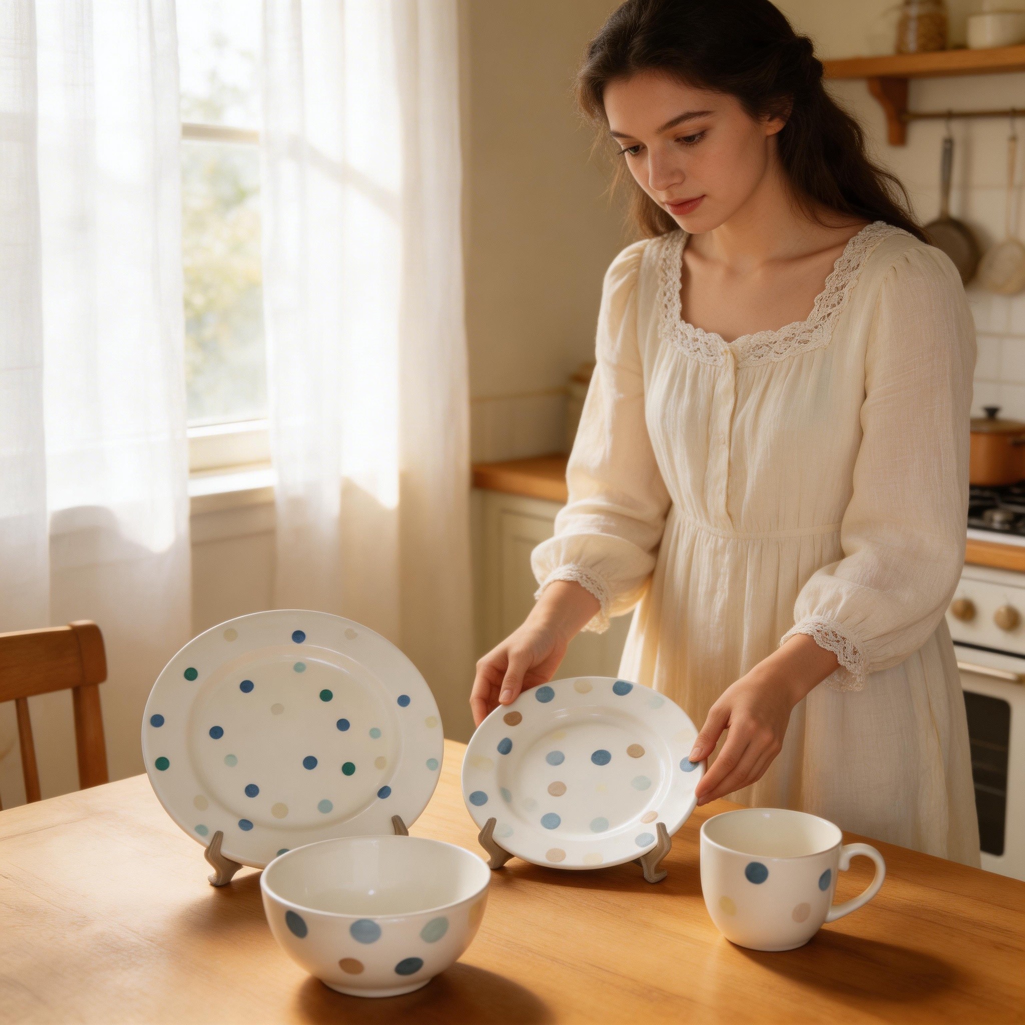 16pcs HARVIT Brand Cute Polka Dot Handpainted Ceramic Dinnerware Set for Party Use