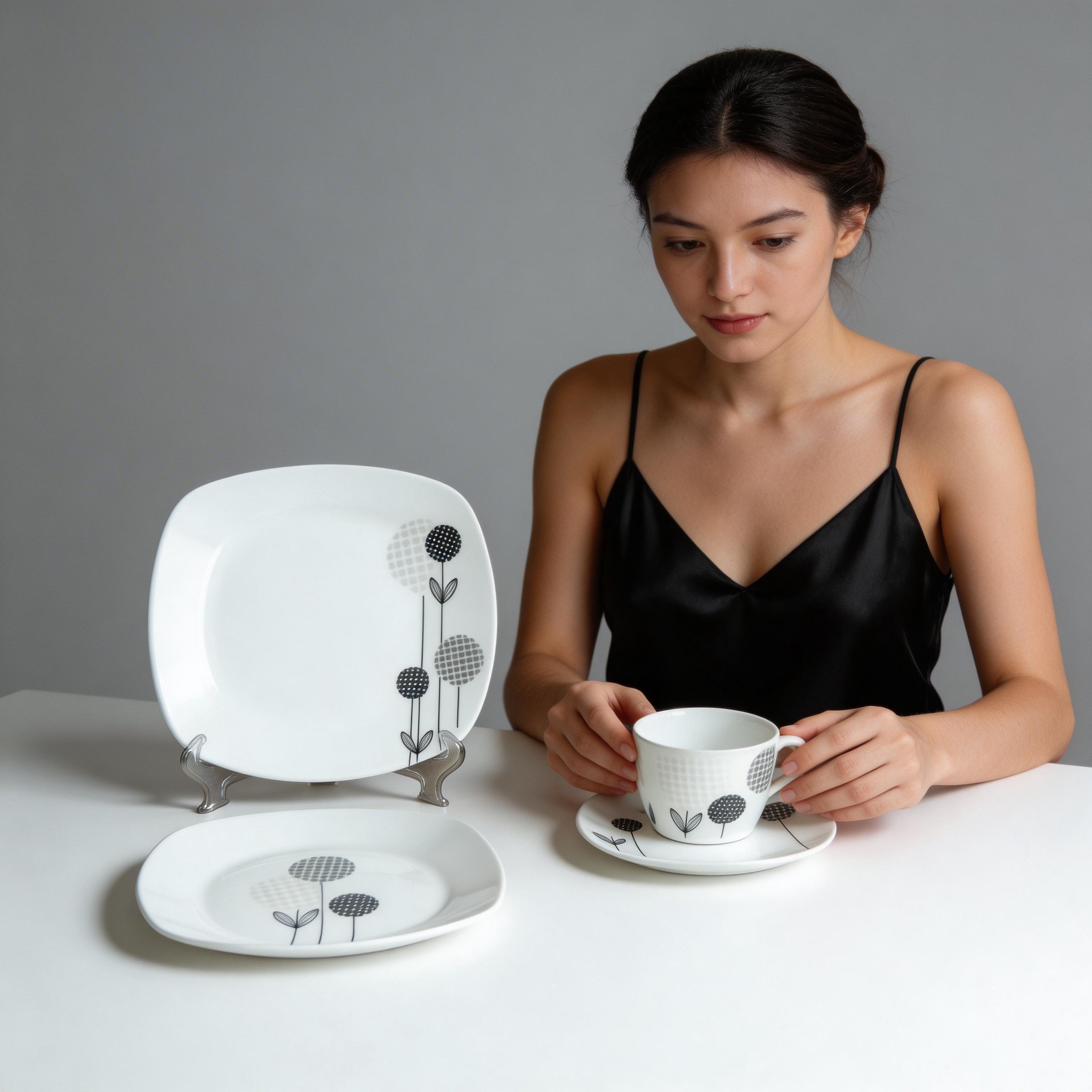 30pcs Brazilian Porcelain Dinner Set with Black Cycle HARVIT Brand Contemporary Design Dishwasher/Microwave/Oven Safe