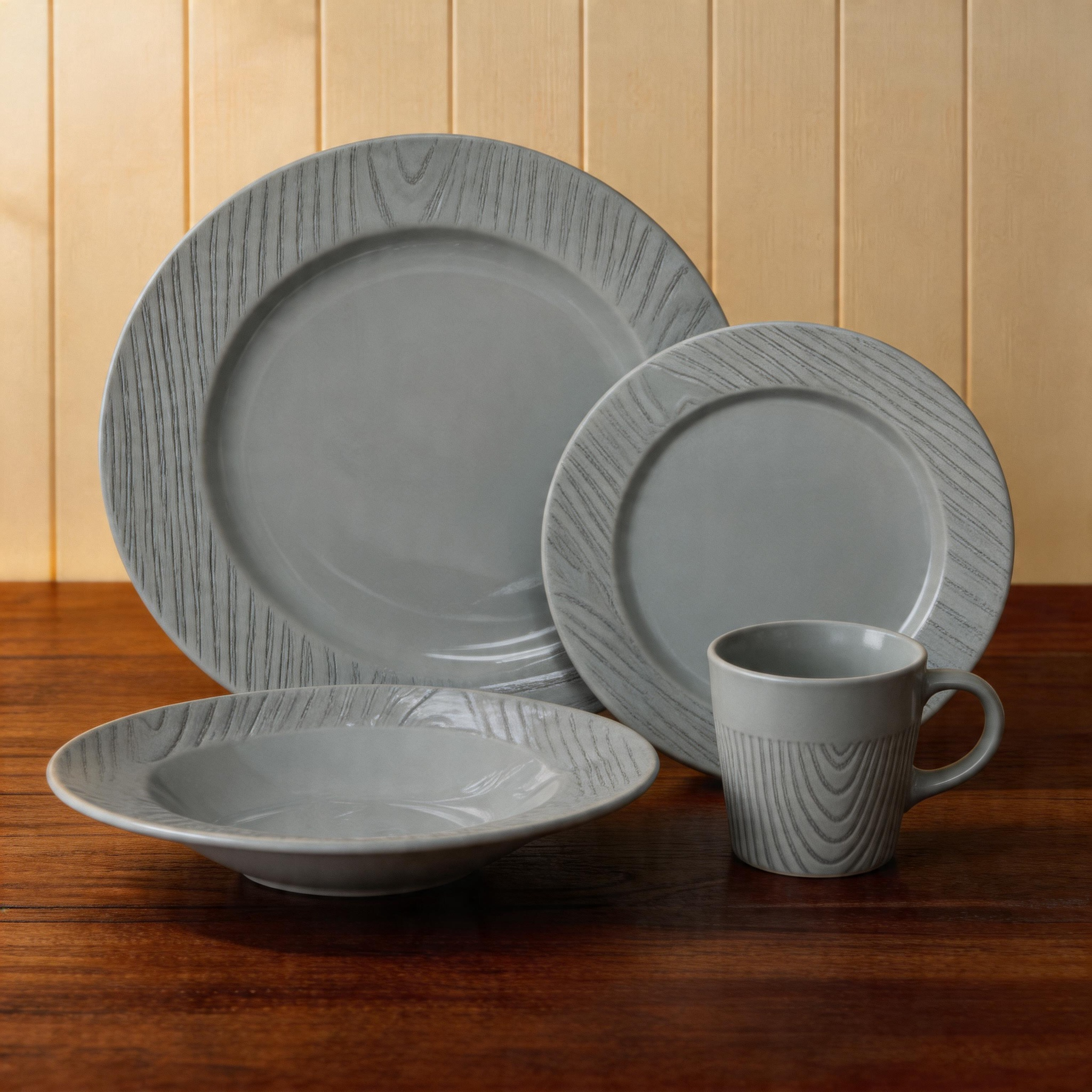 HARVIT Classic Wood Grain Ceramic Dinnerware Set / 16-Piece Grey Stoneware Party Dinner Set / White Embossed Dinnerware