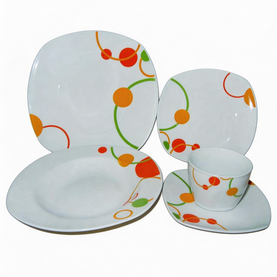 Square Shape Porcelain Dinnerware Set 20-Piece Wholesale Ceramic Dinnerware White Personalized Decals Harvit Contemporary Design