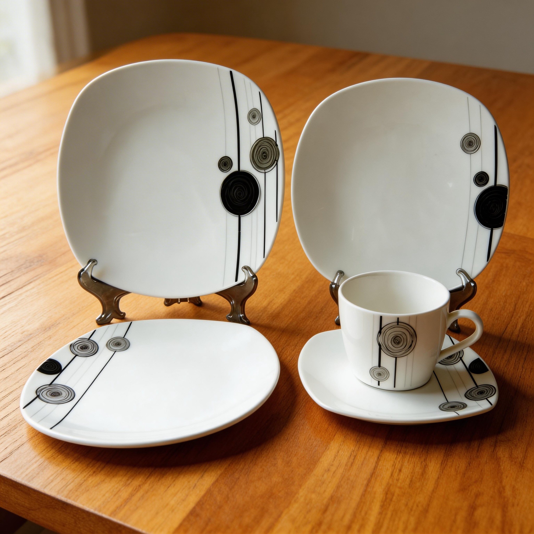 30pcs Brazilian Porcelain Dinner Set with Black Cycle HARVIT Brand Contemporary Design Dishwasher/Microwave/Oven Safe