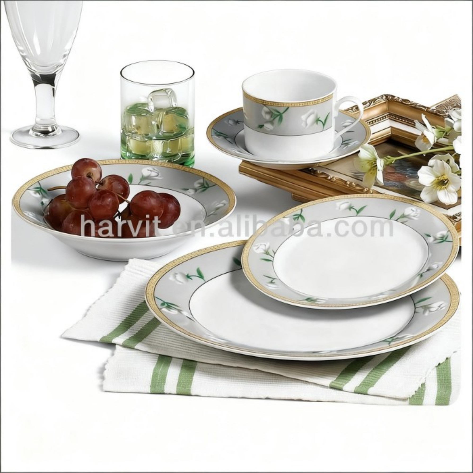 HARVIT 28PC Heat Resistant Oven/Microwave Safe Asian Design Ethiopian Opal Rough Glass Dinnerware Sets for Hot Sale