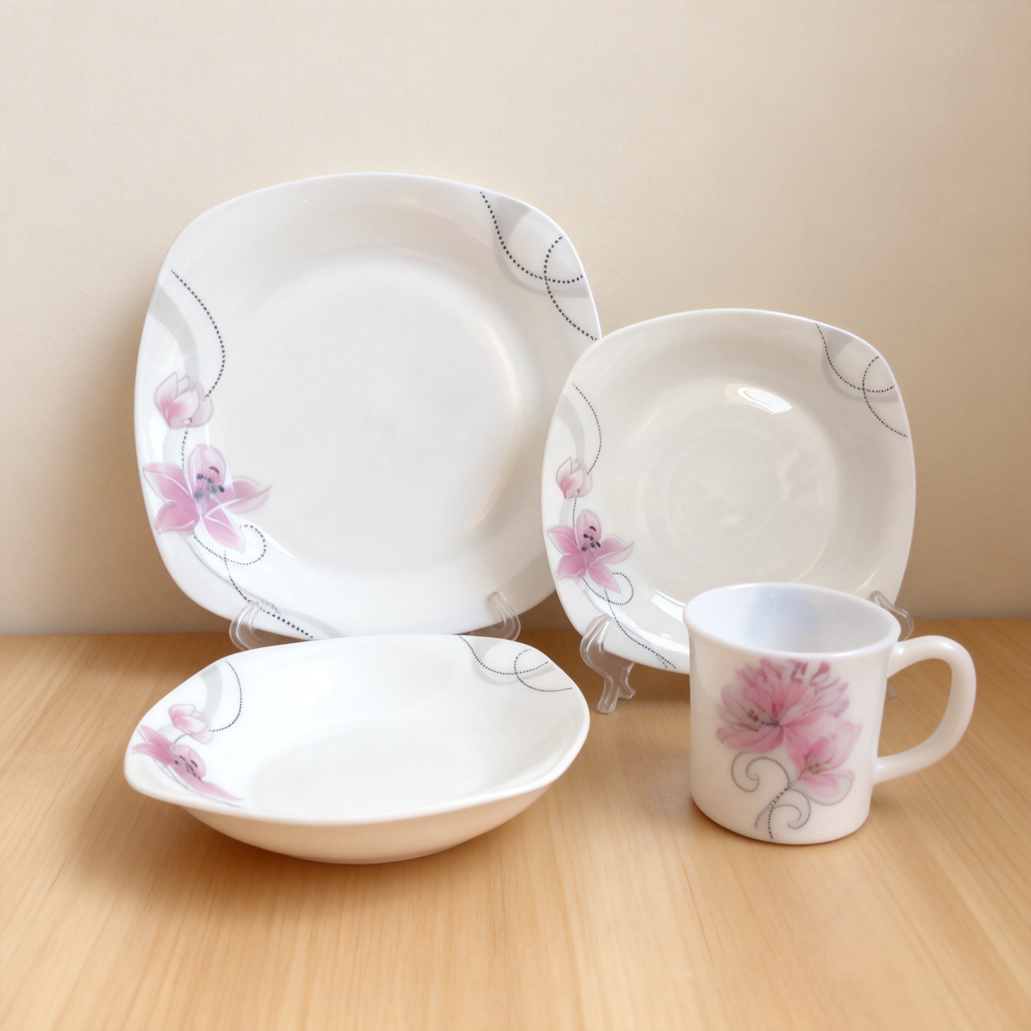 HARVIT Modern Durable Opalware Dinnerware Sets-4-Piece Square Design Dishwasher Safe