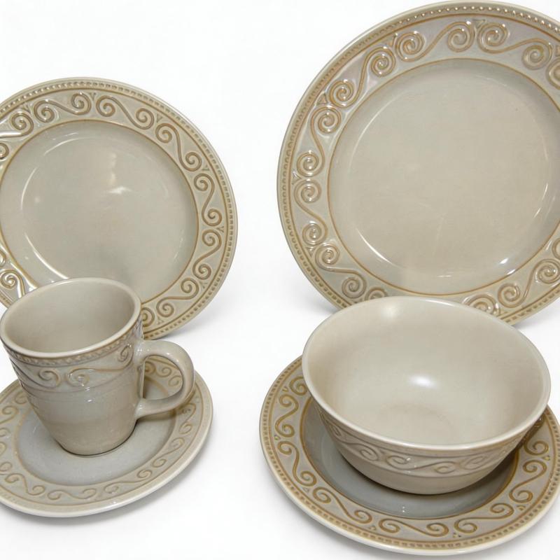 White Embossed Stoneware HARVIT Classic France Style Dinnerware Sets 20PC Porcelain Tea & Coffee Set for Party Use 4-Piece