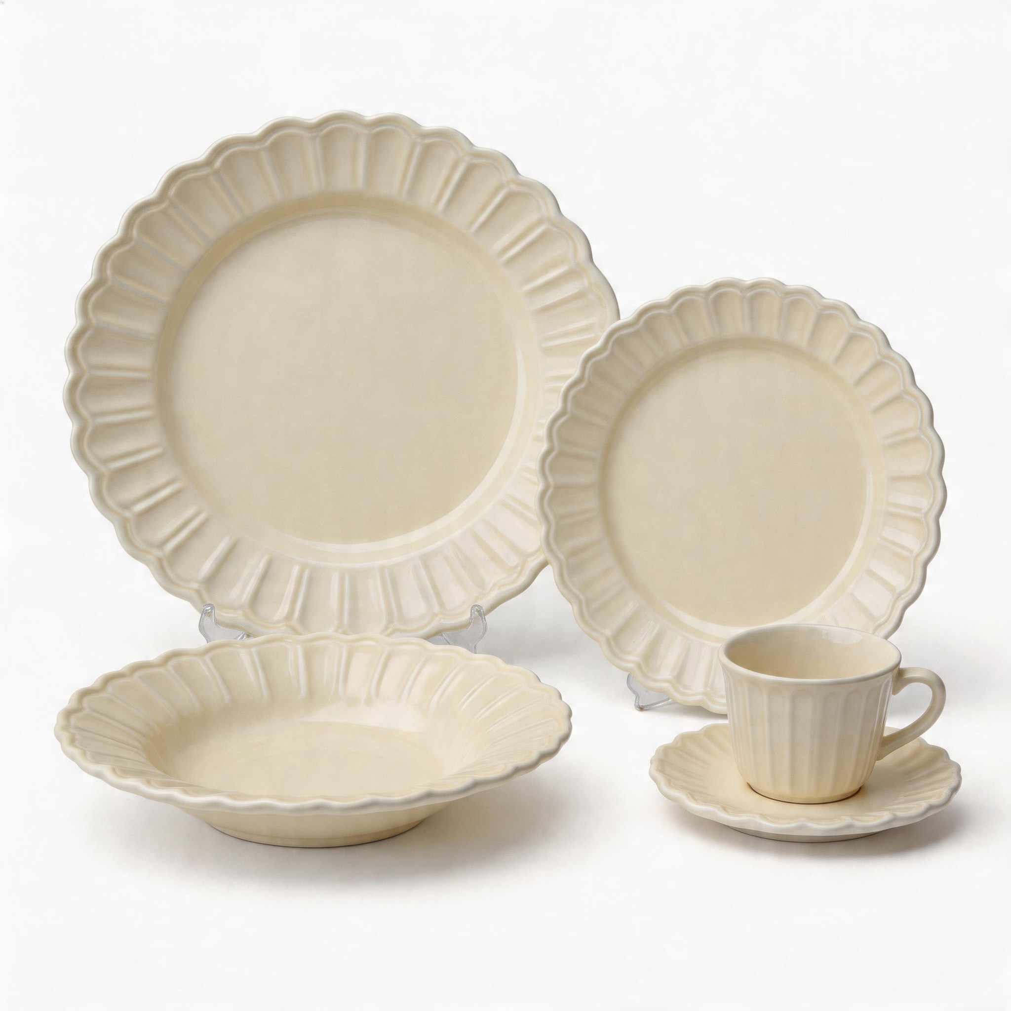 HARVIT Classic Wood Grain Ceramic Dinnerware Set / 16-Piece Grey Stoneware Party Dinner Set / White Embossed Dinnerware
