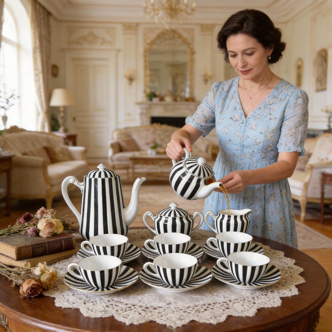 15PC Black & White Stripe High Quality Ceramic Tea Set by HARVIT Eco-Friendly Contemporary Design