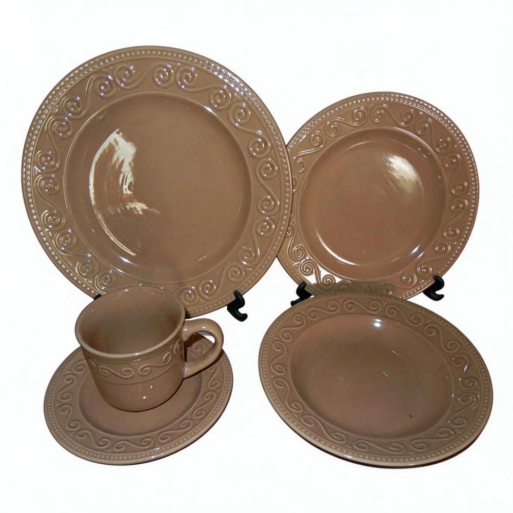 White Embossed Stoneware HARVIT Classic France Style Dinnerware Sets 20PC Porcelain Tea & Coffee Set for Party Use 4-Piece