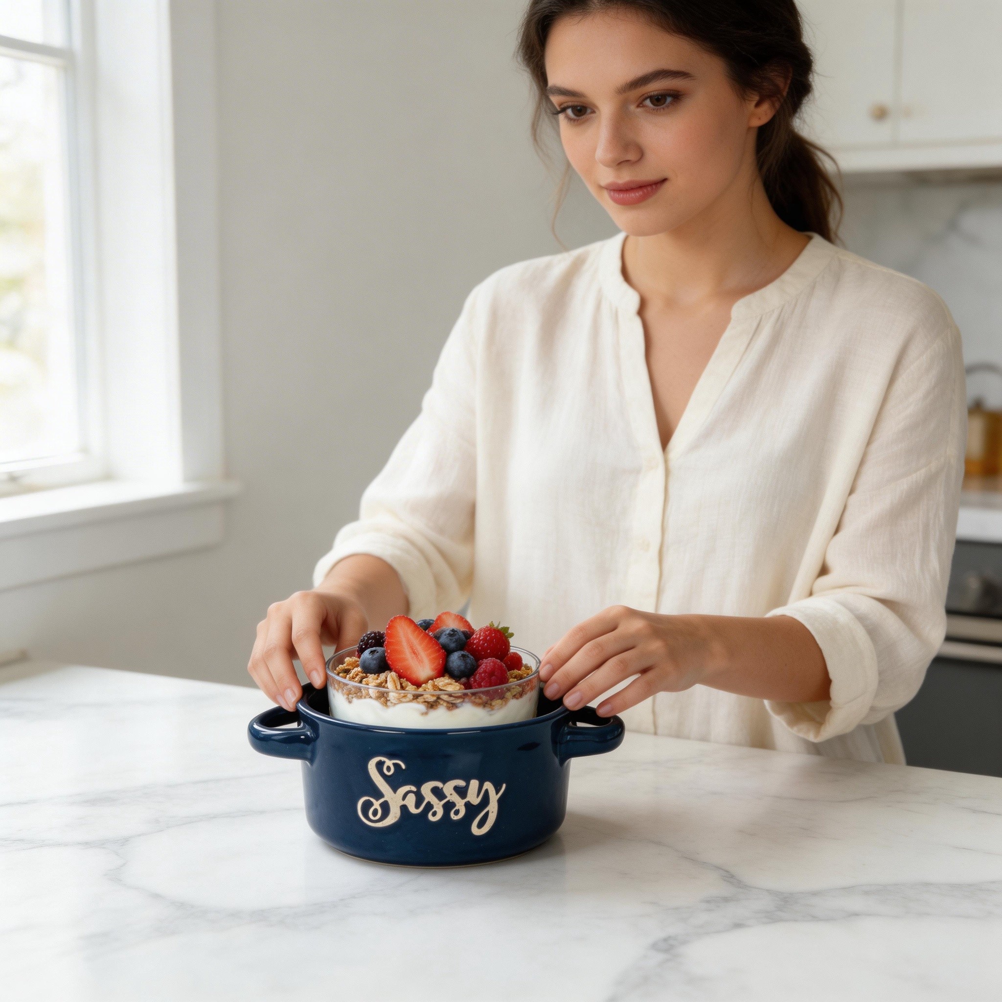 5'' Color Glazed Stoneware Bowl with Double Handle and Screen Printing Eco-Friendly Microwave Safe