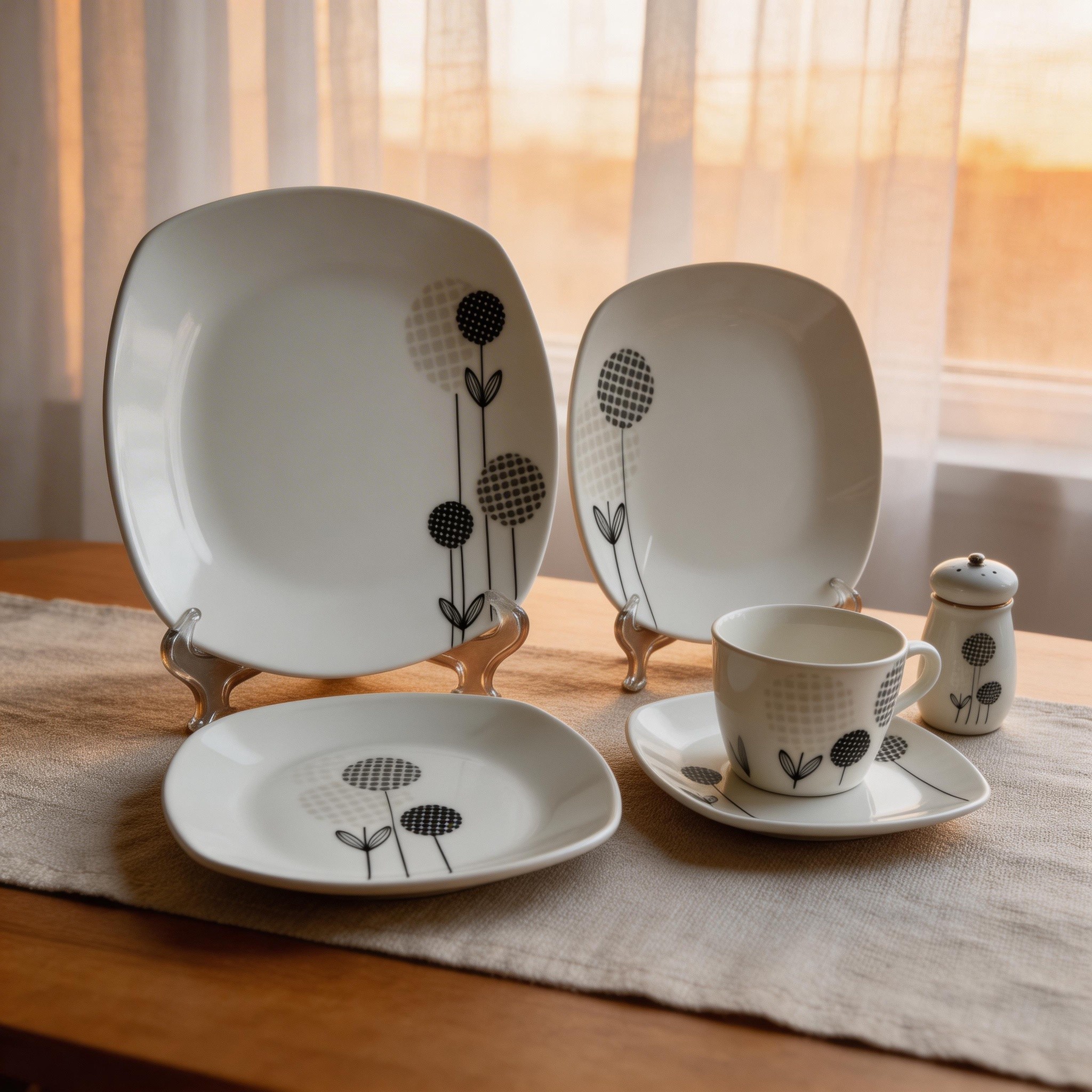 30pcs Brazilian Porcelain Dinner Set with Black Cycle HARVIT Brand Contemporary Design Dishwasher/Microwave/Oven Safe