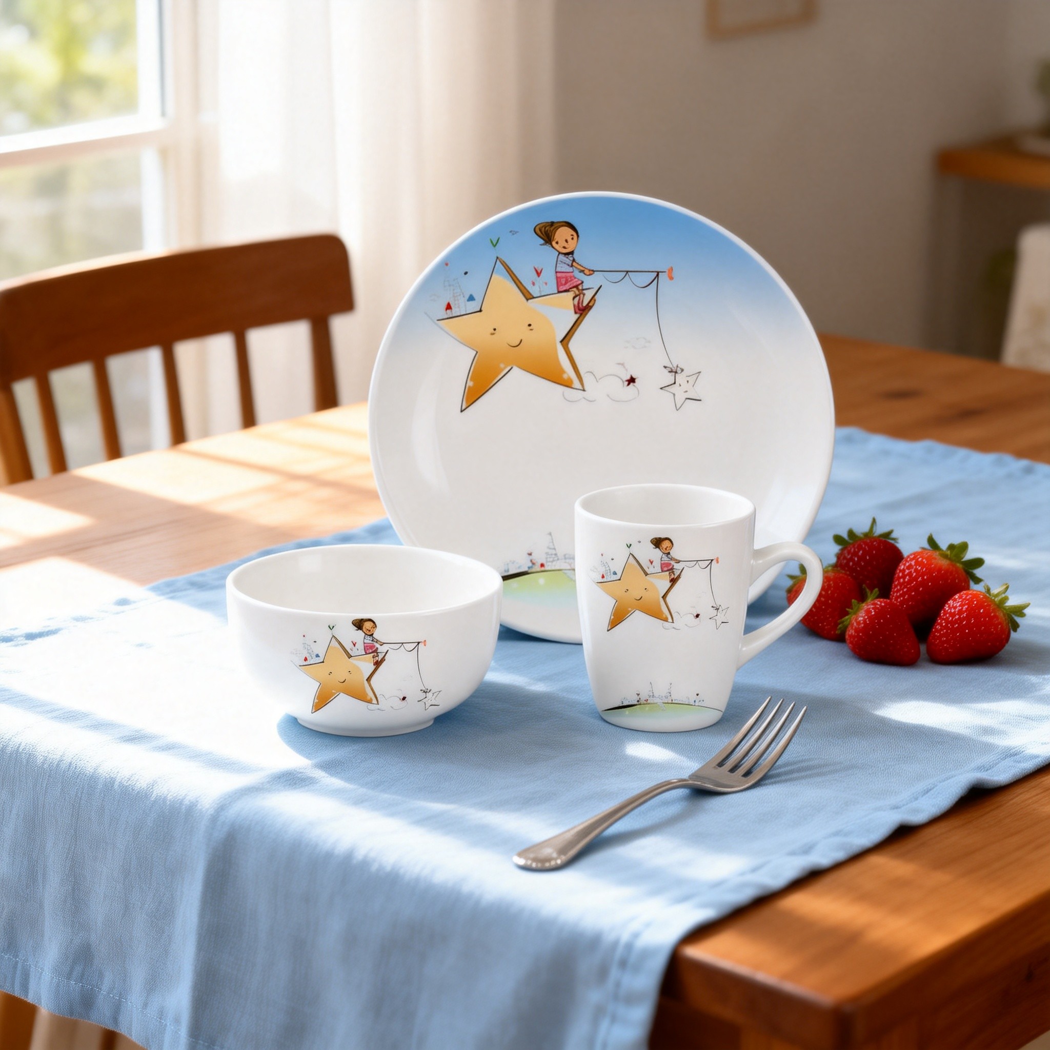 Harvit Ceramic Children's Dinner Set Porcelain Cup Bowl Plate Exclusive Dinnerware Cartoon Design Dishwasher Microwave Oven Safe