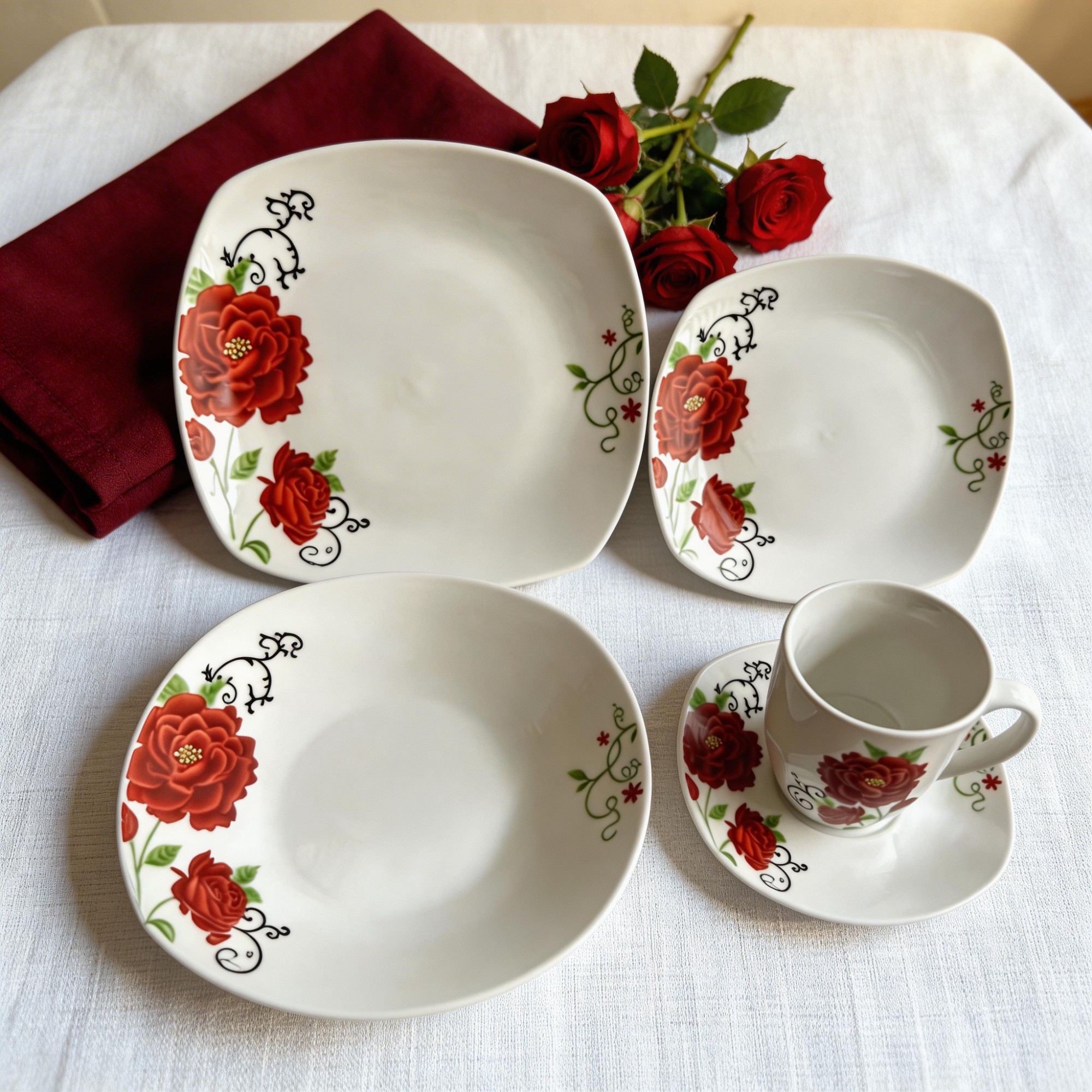 Ceramic Square 20PC Dinner Set with Flower Design Oven Safe for Hotel Restaurant And Home Kitchens