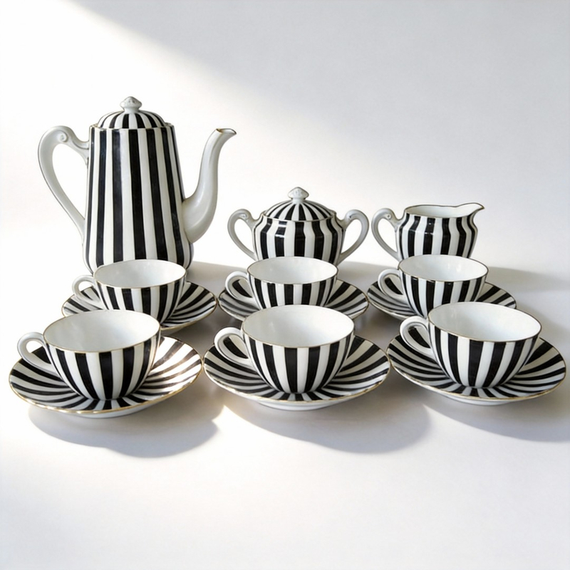 15PC Black & White Stripe High Quality Ceramic Tea Set by HARVIT Eco-Friendly Contemporary Design