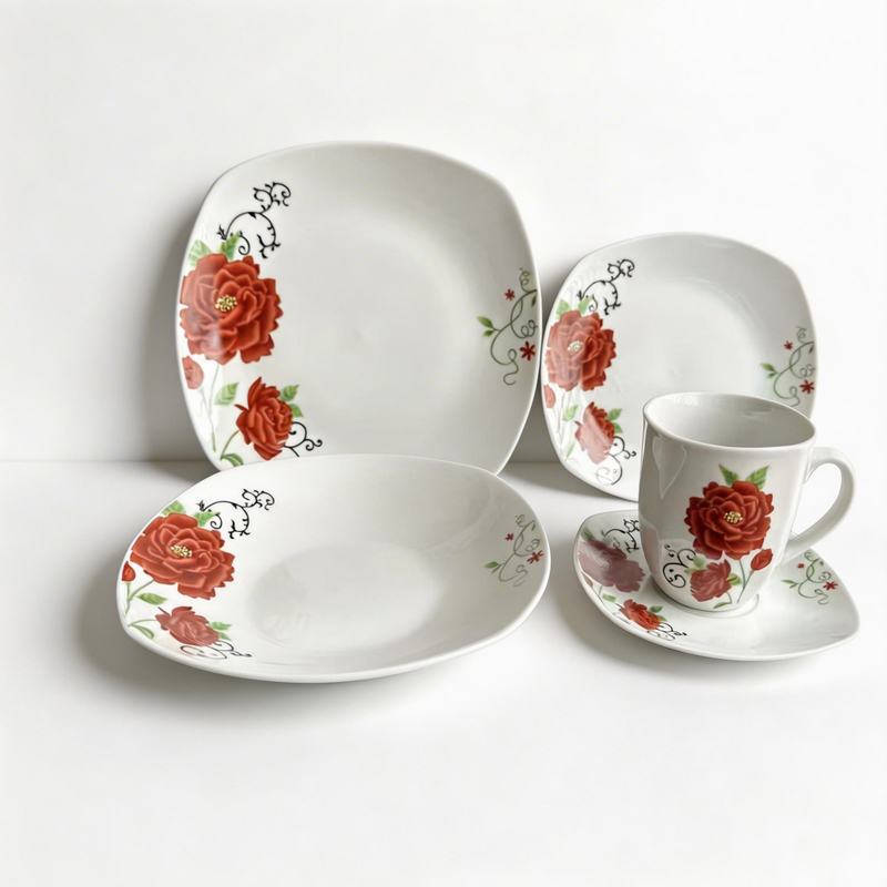 Ceramic Square 20PC Dinner Set with Flower Design Oven Safe for Hotel Restaurant And Home Kitchens