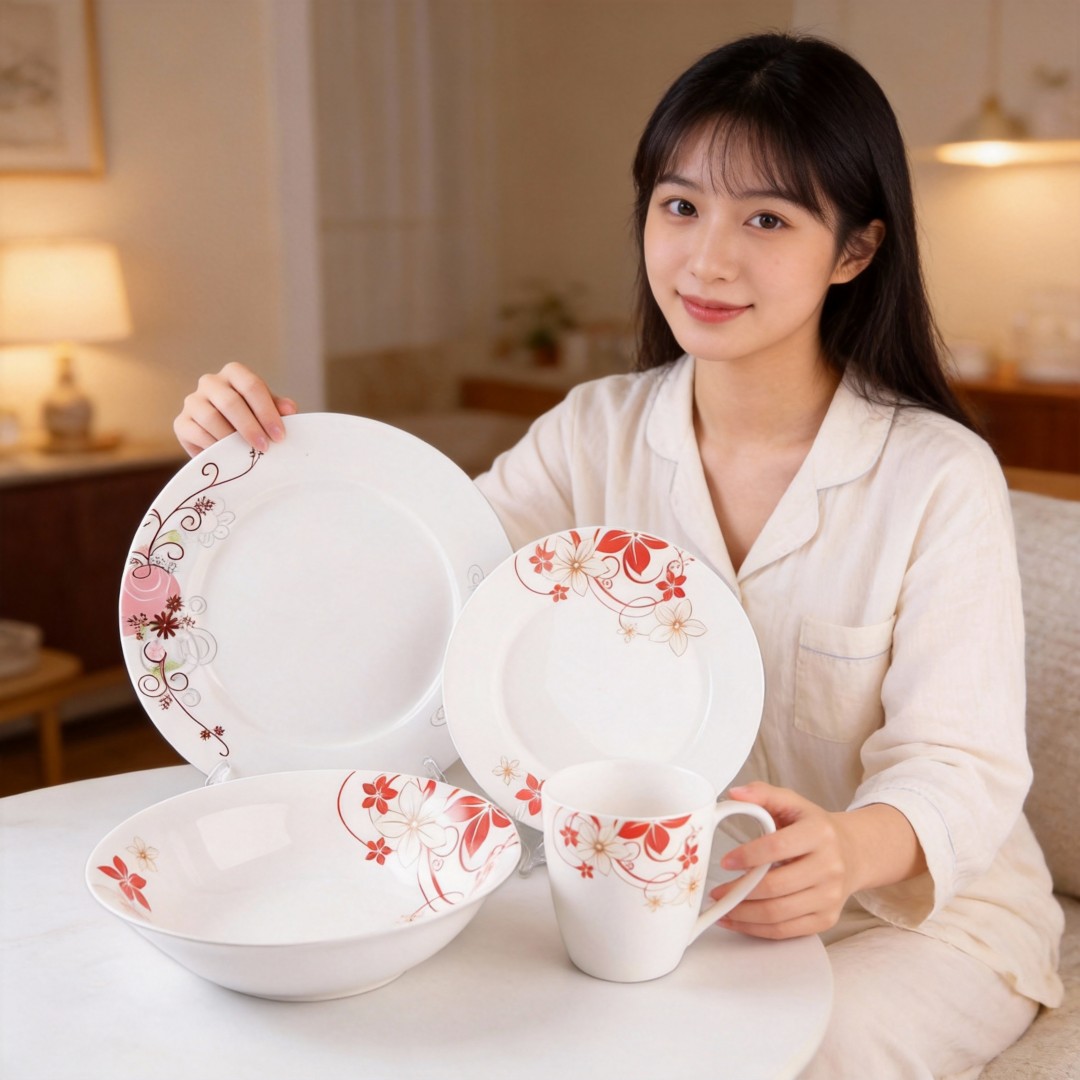 Harvit Ceramic Disposable On-glazed Customized 16-Piece Porcelain Dinnerware Set with Cup Kit and Ceramic Decals